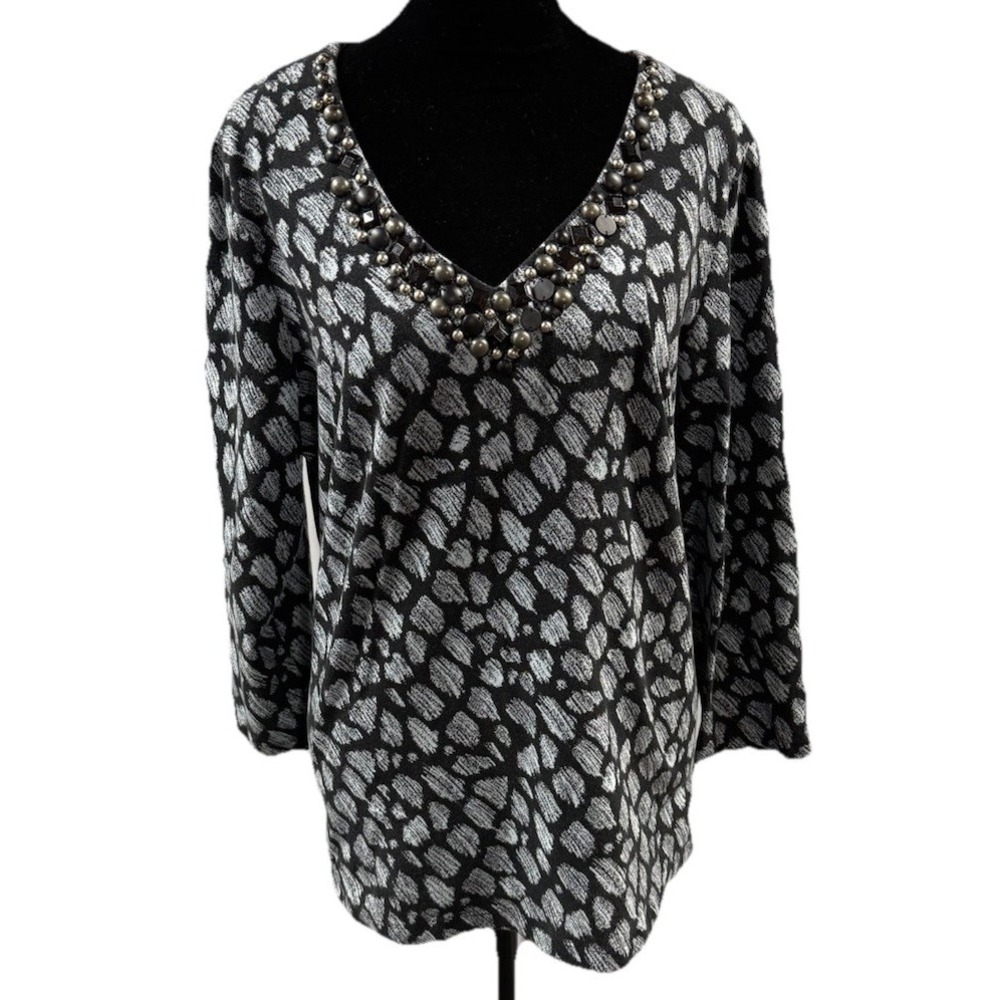 Ruby Red Tunic Top Shirt Blouse Large Stretch‎ 3/4 Sleeve Black Bling Office